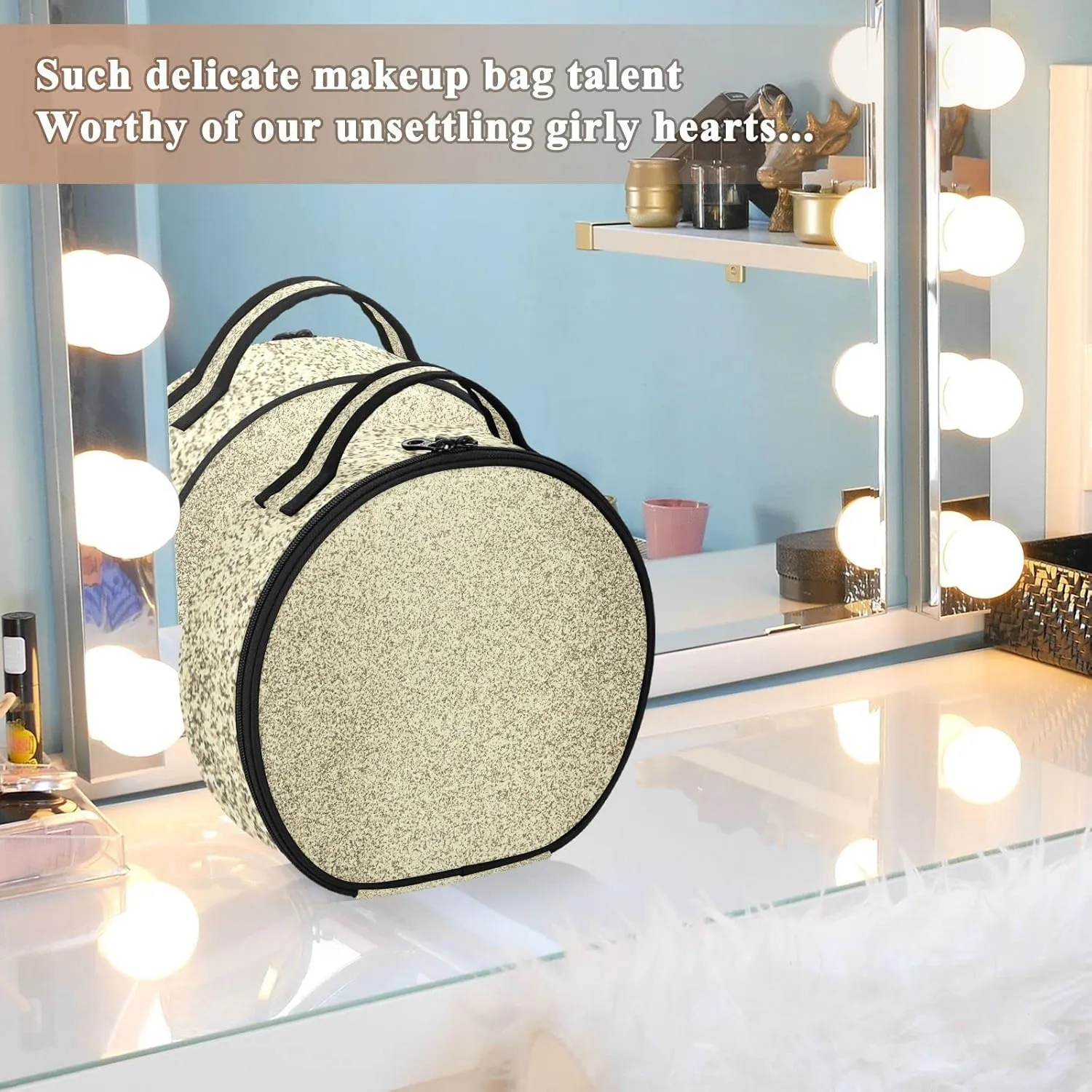 Gold Golden Glitter and Glare Pattern Women's Portable Round Makeup Bag with Handle, Cosmetic Bag, Adjustable Dividers, Travel Cosmetic Storage 11 x 3.5 x 10 inch
