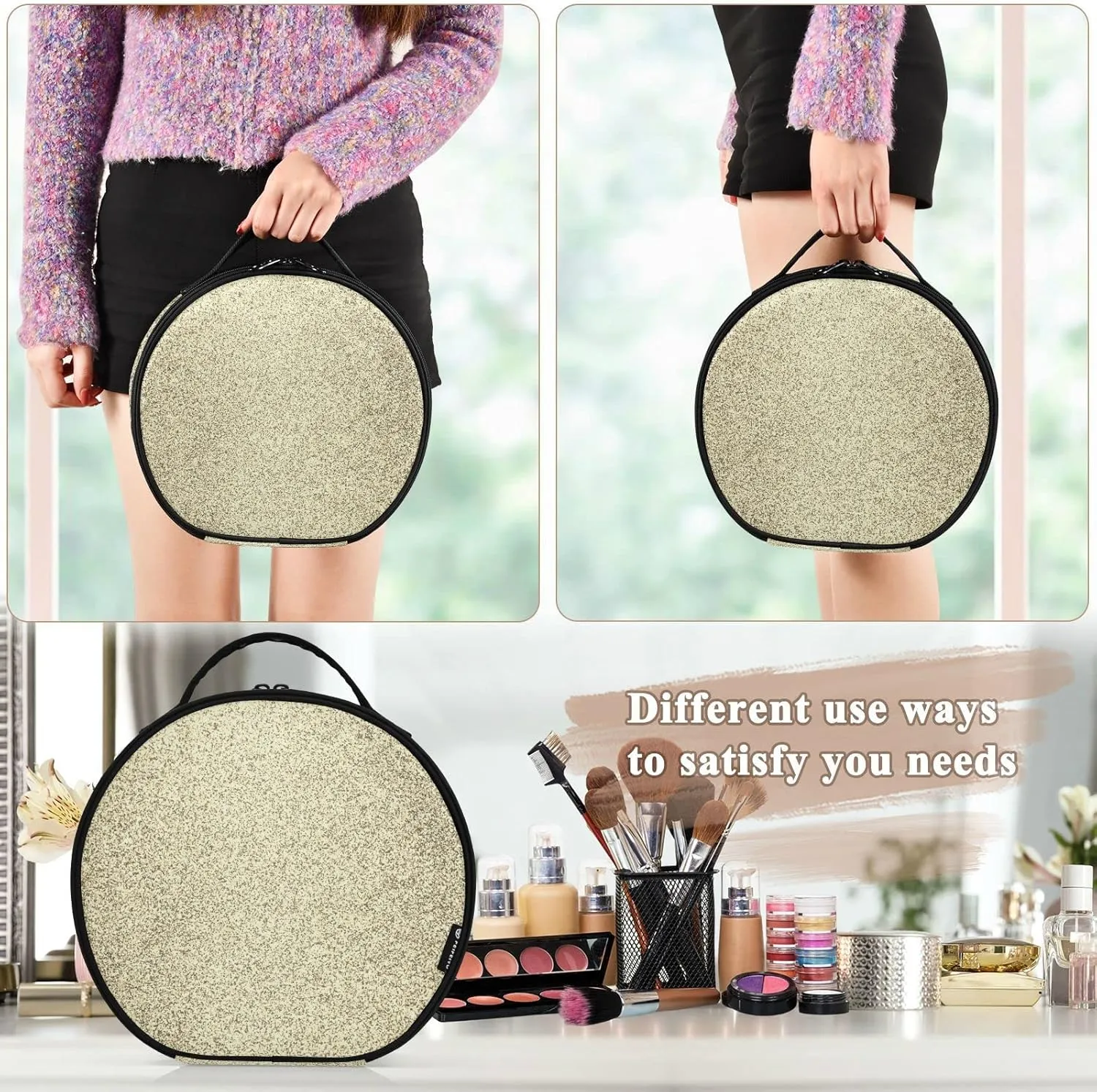 Gold Golden Glitter and Glare Pattern Women's Portable Round Makeup Bag with Handle, Cosmetic Bag, Adjustable Dividers, Travel Cosmetic Storage 11 x 3.5 x 10 inch