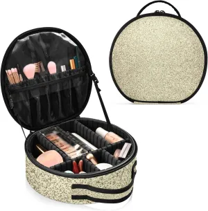 Gold Golden Glitter and Glare Pattern Women's Portable Round Makeup Bag with Handle, Cosmetic Bag, Adjustable Dividers, Travel Cosmetic Storage 11 x 3.5 x 10 inch