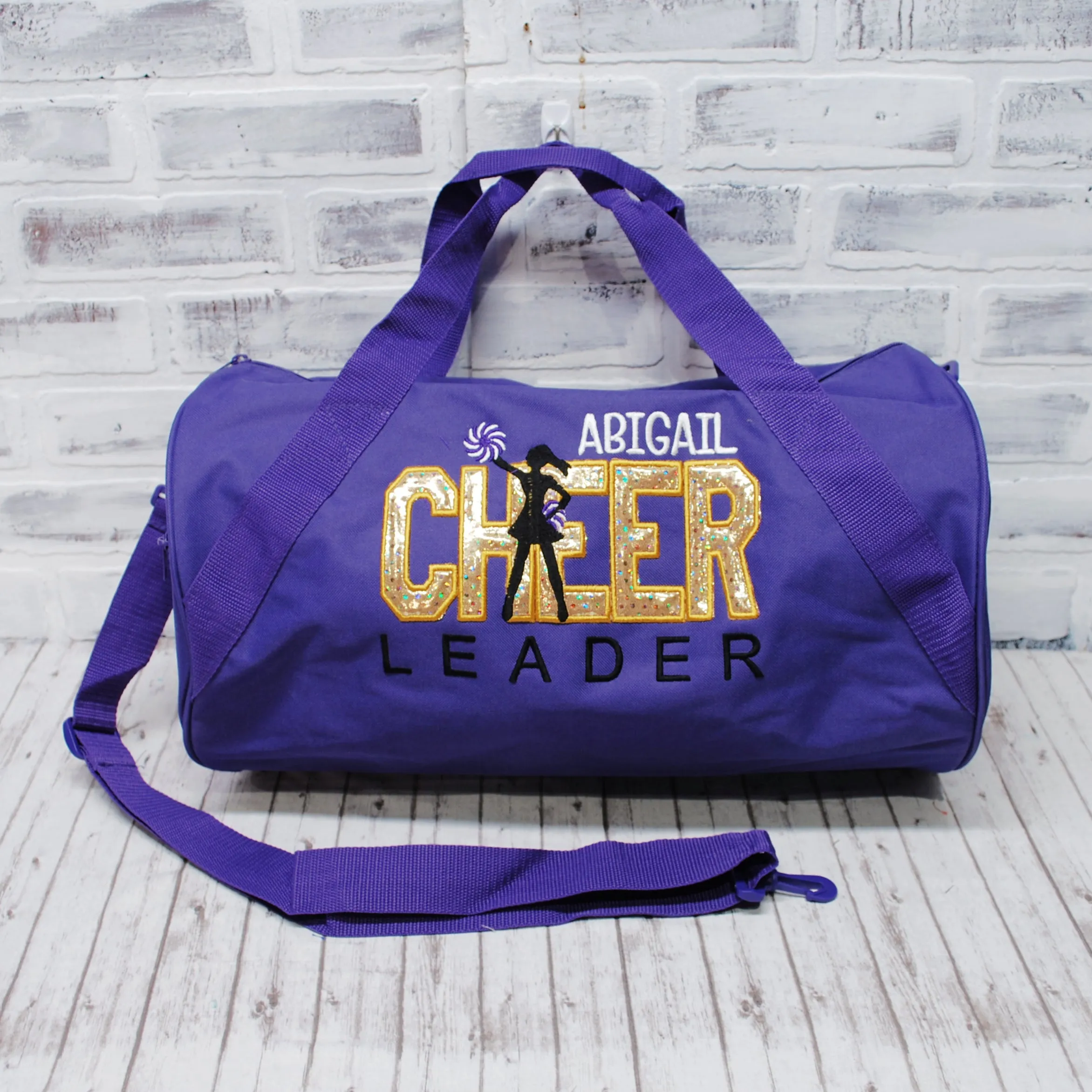 Gold Sparkle on Purple Personalized Cheer Tote or Duffle Bag