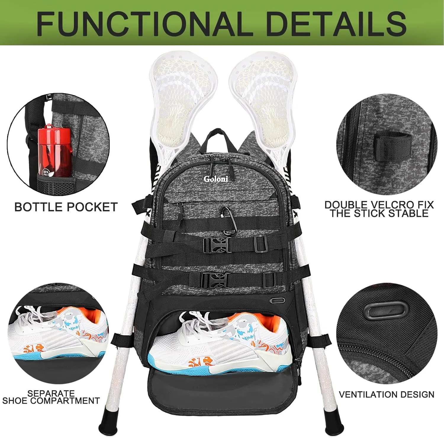 Goloni Lacrosse Equipment Backpack with Two Sticks holder and Separate Cleats Compartment Field Hockey Bag