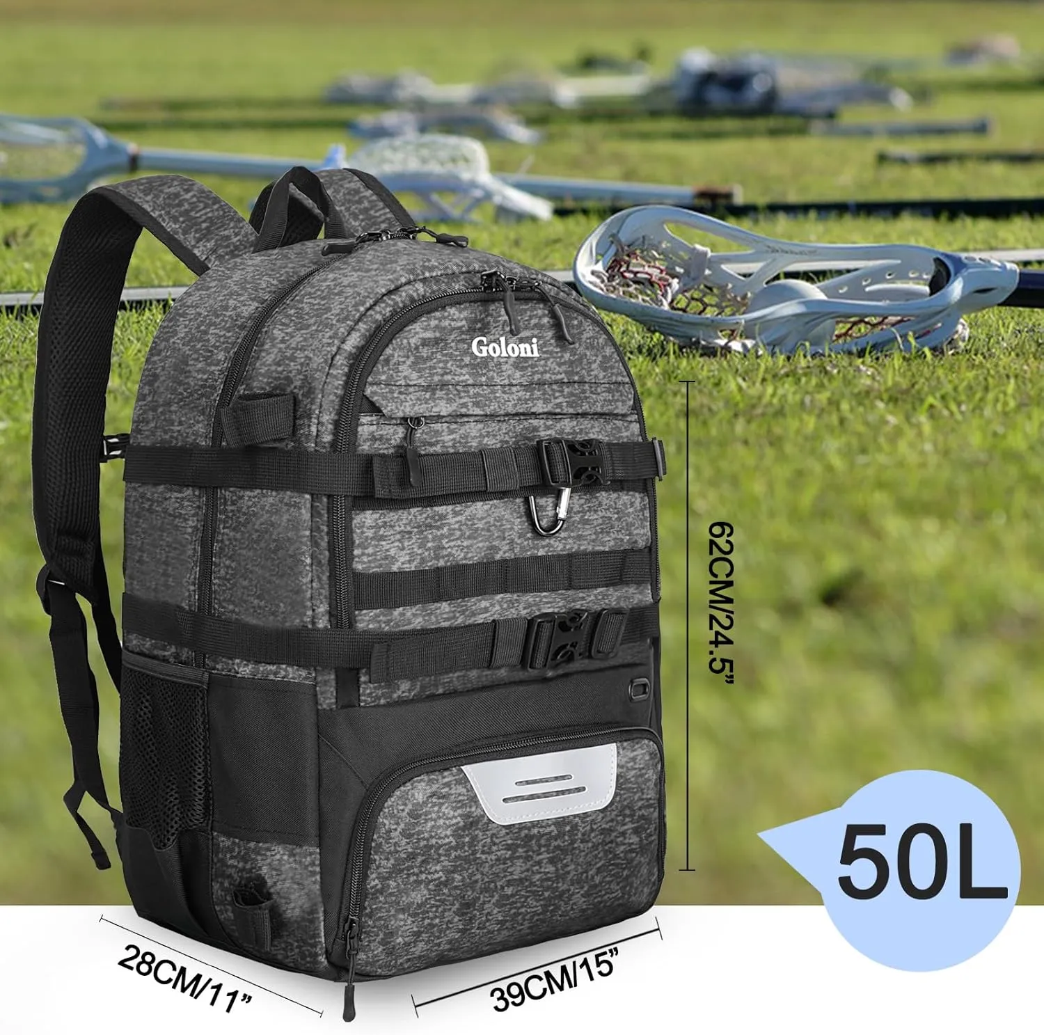 Goloni Lacrosse Equipment Backpack with Two Sticks holder and Separate Cleats Compartment Field Hockey Bag