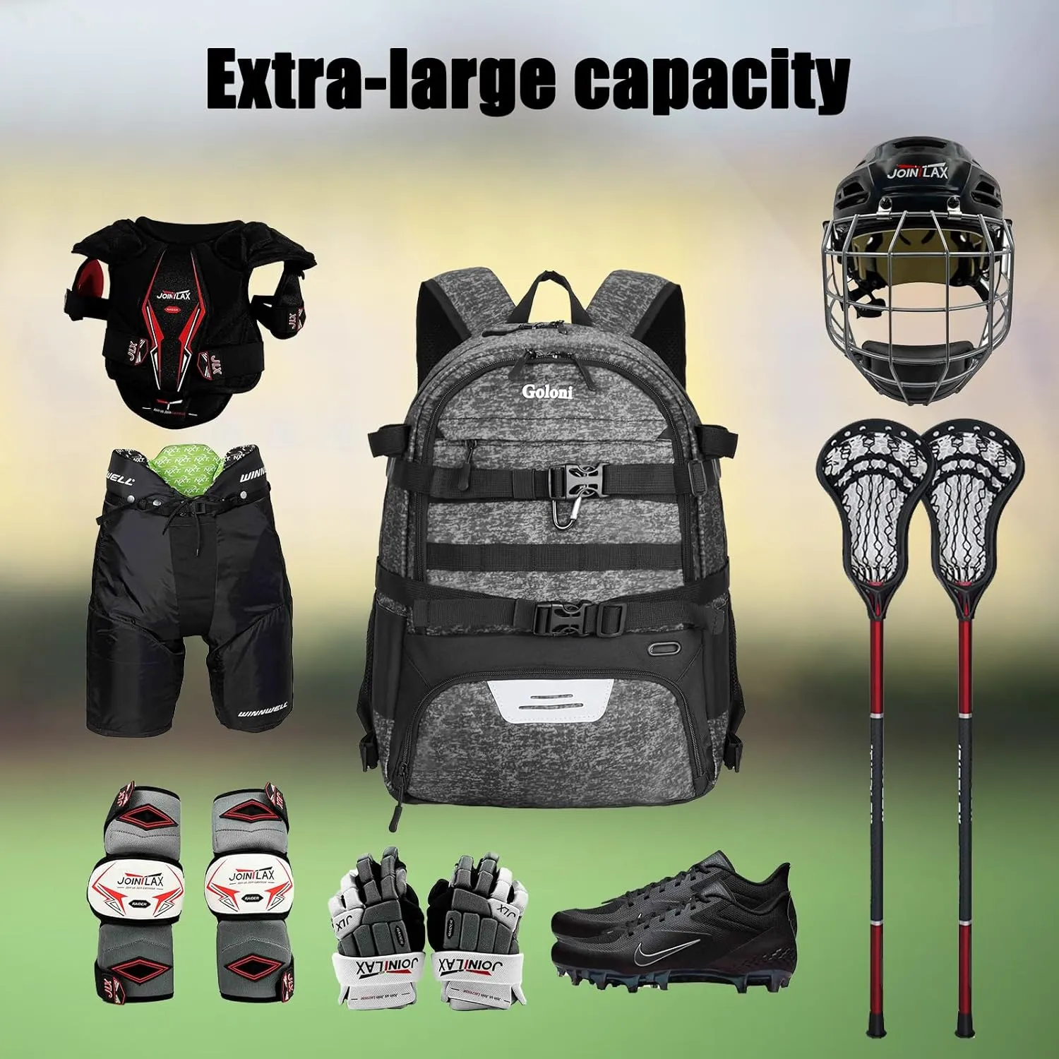 Goloni Lacrosse Equipment Backpack with Two Sticks holder and Separate Cleats Compartment Field Hockey Bag