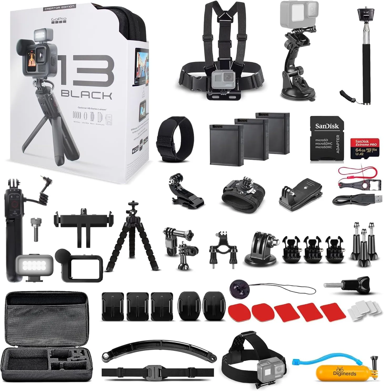 GoPro HERO13 Black Creator Edition - Includes Volta (Battery Grip, Tripod, Remote), Media Mod, Light Mod, Waterproof Action Camera   64GB Card, 50 Piece Accessory Kit and 2 Extra Batteries
