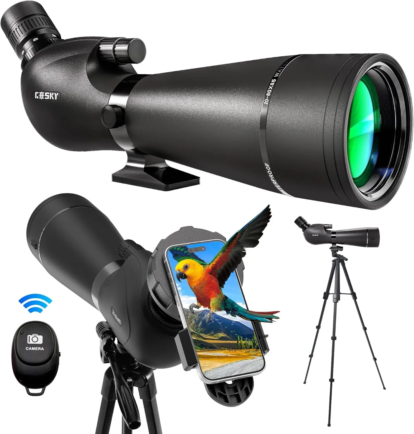 Gosky 20-60x85 Spotting Scope with Full Size Tripod,Phone Adapter,Bluetooth Camera Remote,Waterproof Spotter scopes for Target Shooting,Bird Watching,Travel,Hiking