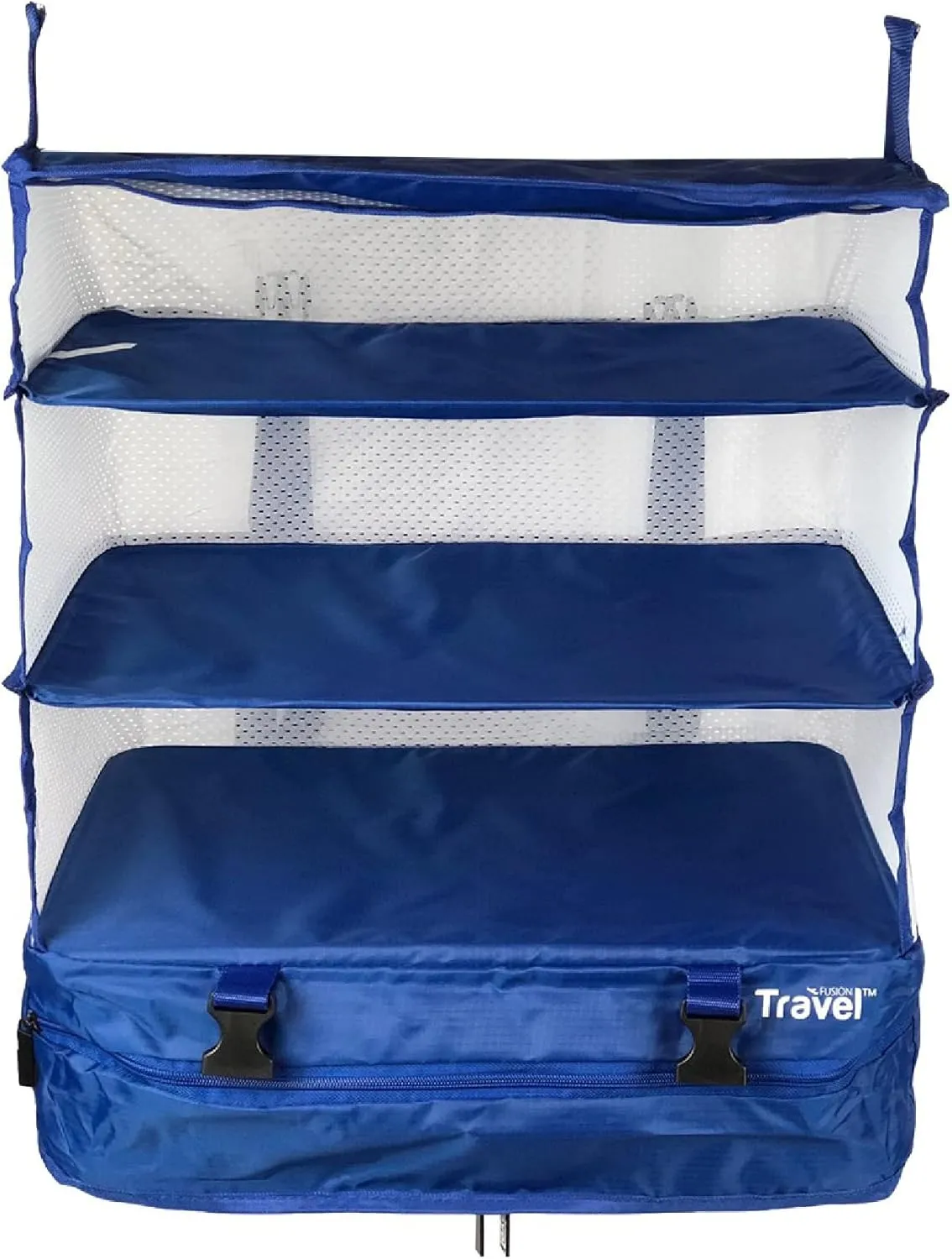 Grand Fusion Stow-N-Go Portable Hanging Travel Shelves, Packing Organizer for Luggage. Carry on Closet for Clothes. Expandable Packing Cube. Travel Essentials. (Blue - XL, XL = (L) 17.7" x (W) 11.8")
