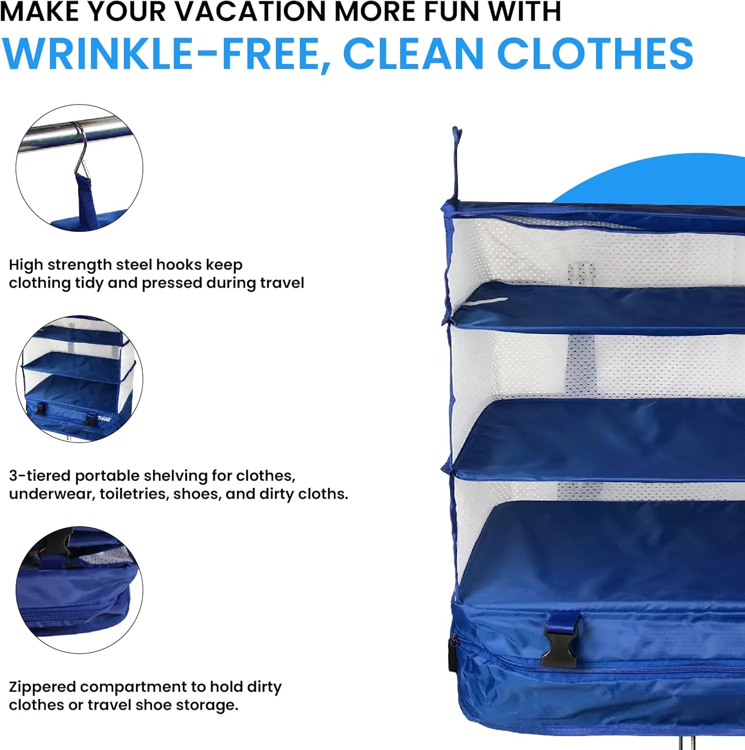 Grand Fusion Stow-N-Go Portable Hanging Travel Shelves, Packing Organizer for Luggage. Carry on Closet for Clothes. Expandable Packing Cube. Travel Essentials. (Blue - XL, XL = (L) 17.7" x (W) 11.8")