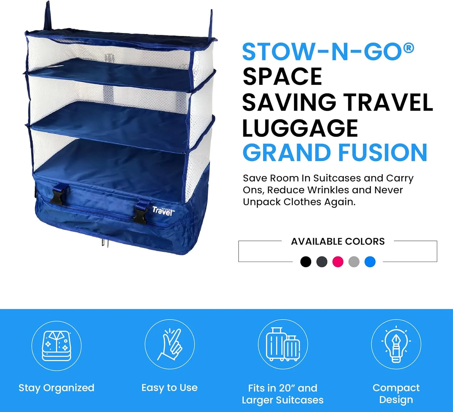 Grand Fusion Stow-N-Go Portable Hanging Travel Shelves, Packing Organizer for Luggage. Carry on Closet for Clothes. Expandable Packing Cube. Travel Essentials. (Blue - XL, XL = (L) 17.7" x (W) 11.8")