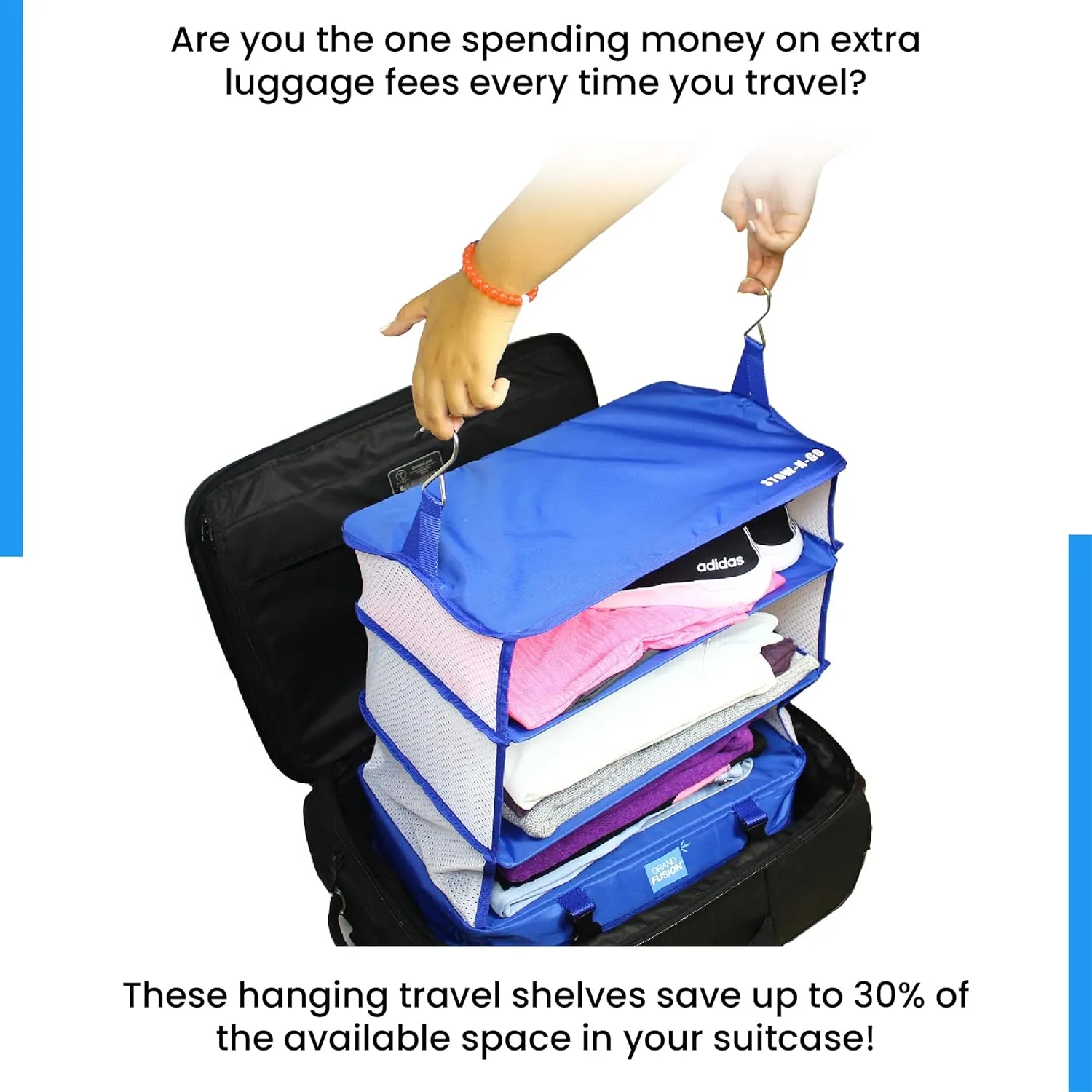 Grand Fusion Stow-N-Go Portable Hanging Travel Shelves, Packing Organizer for Luggage. Carry on Closet for Clothes. Expandable Packing Cube. Travel Essentials. (Blue - XL, XL = (L) 17.7" x (W) 11.8")