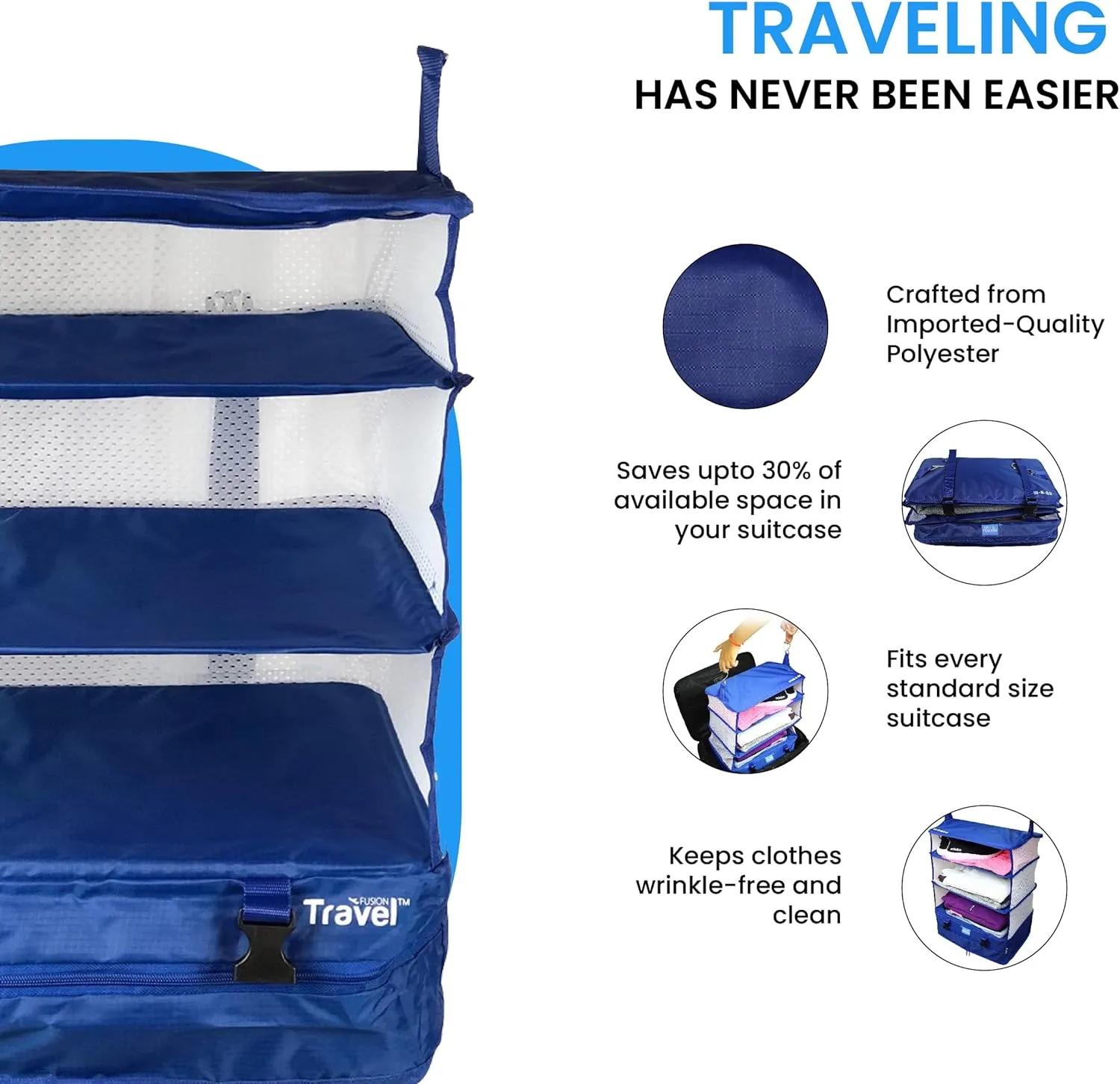 Grand Fusion Stow-N-Go Portable Hanging Travel Shelves, Packing Organizer for Luggage. Carry on Closet for Clothes. Expandable Packing Cube. Travel Essentials. (Blue - XL, XL = (L) 17.7" x (W) 11.8")