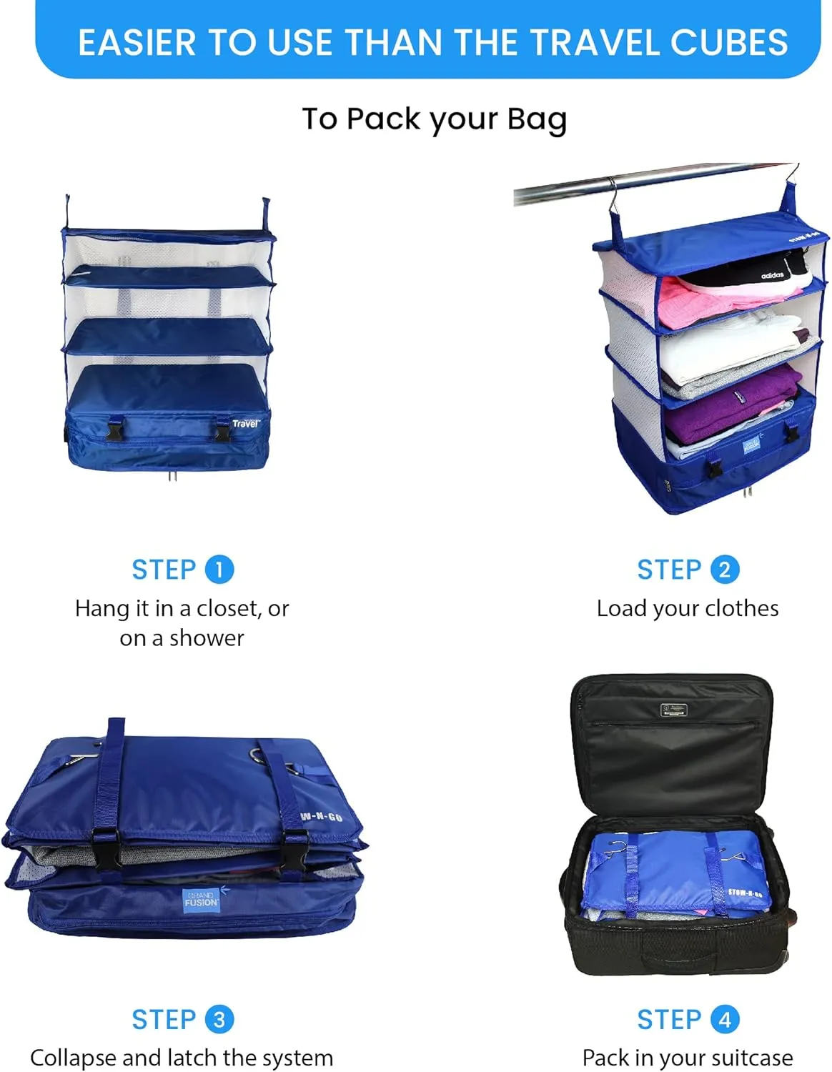 Grand Fusion Stow-N-Go Portable Hanging Travel Shelves, Packing Organizer for Luggage. Carry on Closet for Clothes. Expandable Packing Cube. Travel Essentials. (Blue - XL, XL = (L) 17.7" x (W) 11.8")