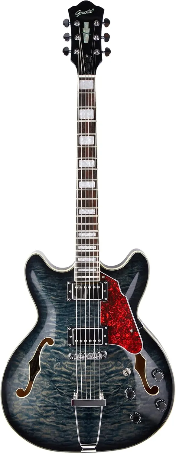 GROTE Jazz Electric Guitar Semi-Hollow Body Trapeze Tailpiece Bridge Guitar Gig Bag(Black02)