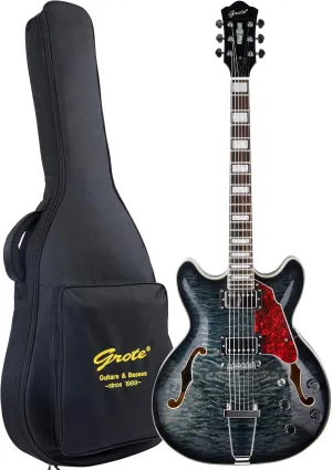 GROTE Jazz Electric Guitar Semi-Hollow Body Trapeze Tailpiece Bridge Guitar Gig Bag(Black02)