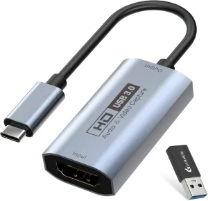 GUERMOK Video Capture Card, USB3.0 HDMI to USB-C Capture Device, Stream & Record at 2K@30FPS 1080P@60FPS, Compatible with iPad Mac OS Windows, Quest 3, OBS, Zoom, PS5/4, Switch, Xbox (Gray)