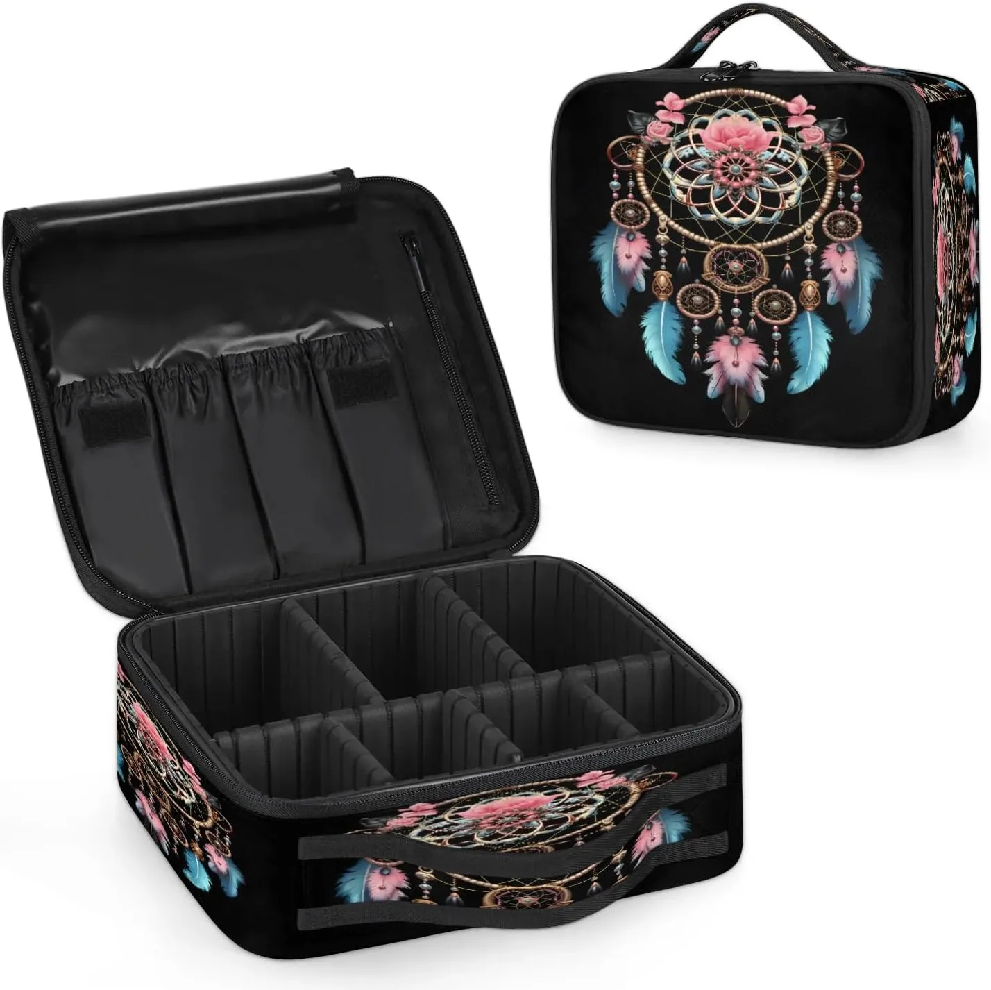 Gypsy Dream Catcher Makeup Bag for Travel, Cosmetic Bag with Dividers Toiletry Storage Ethnic Design Portable Organizer Train Case for Cosmetics Makeup Brushes Jewelry