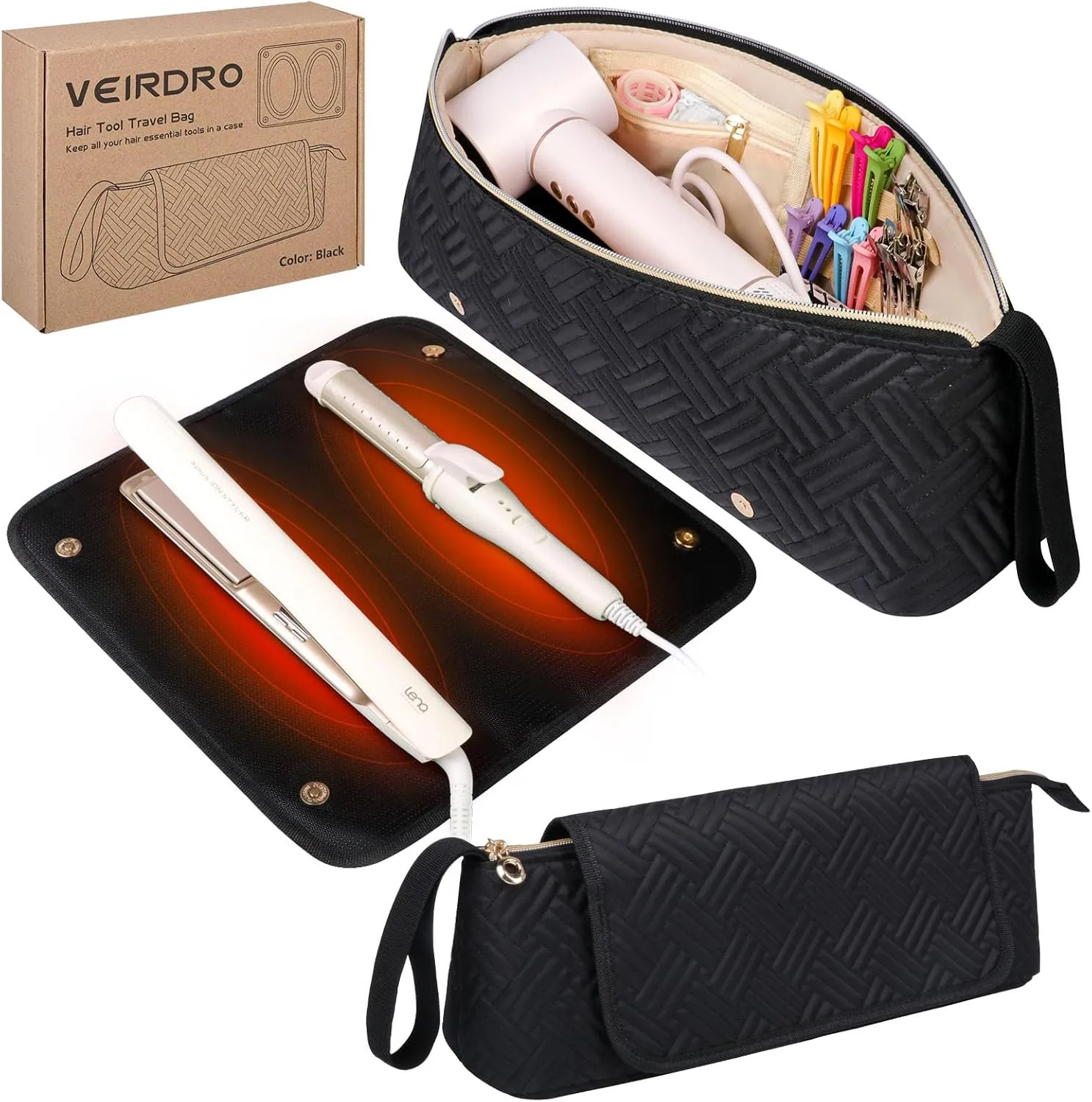 Hair Tools Travel Bag with Heat Resistant Mat, Portable Hair Tool Organizer Travel Carrying Case for Straightener, Flat Iron, Curling Iron, Hair Dryer& Hair Styling Accessories Women (Black)