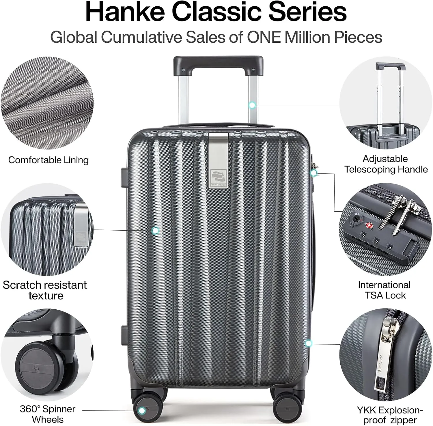Hanke 20 Inch Carry On Luggage 22x14x9 Airline Approved Lightweight PC Hard Shell Suitcases with Wheels Travel Luggage Rolling Suitcase Travel Luggage Bag for Weekender(Graphite Grey)