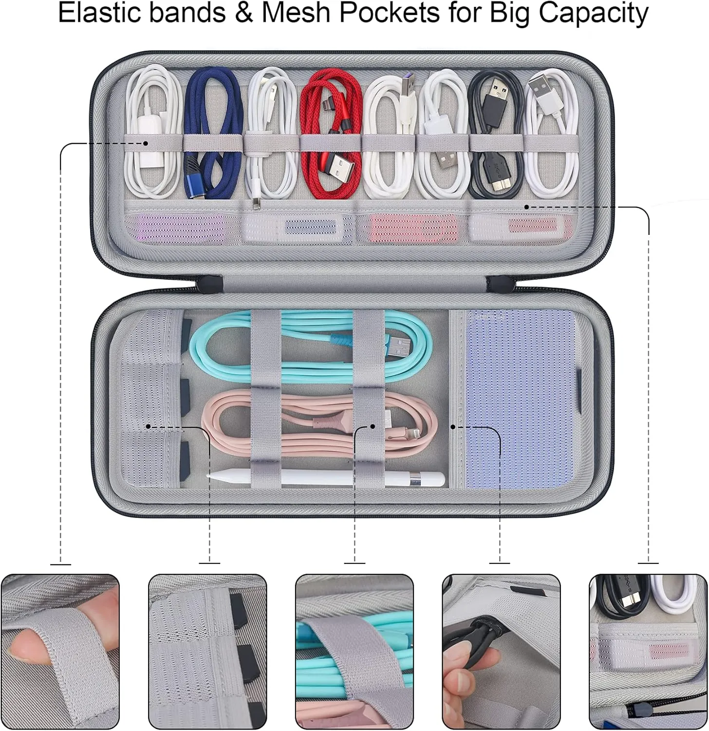 Hard Electronics Organizer, Universal Travel Cable Organizers, Large Electronic Accessories Storage Case Bag for Laptop Adapter, Cord, Charger, Plug, Hard Drive, Earphone, USB Hub, Black