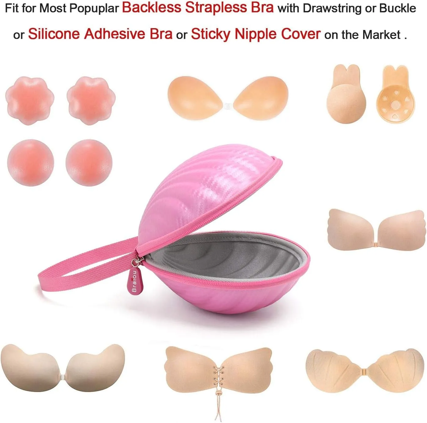 Hard Shell Travel Case for Silicone Bras [A-C Cup] Premium Nubra Organizer Portable Lingerie Underwear Storage Bag (Pink)