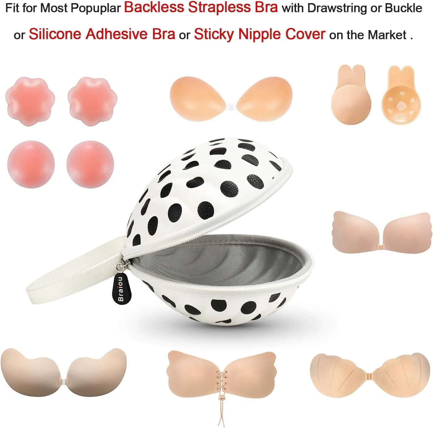 Hard Travel Case for Silicone Bras [A-DD Cup] Premium Nubra Organizer Portable Lingerie Underwear Storage Bag (Black Dot)