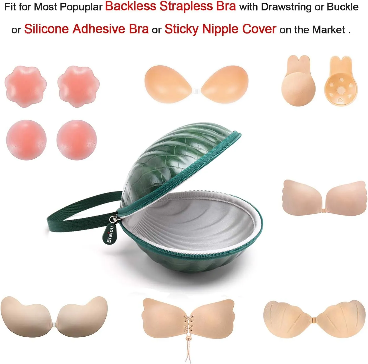 Hard Travel Case for Silicone Bras [A-DD Cup] Premium Nubra Organizer Portable Lingerie Underwear Storage Bag (Crocodile, Green)