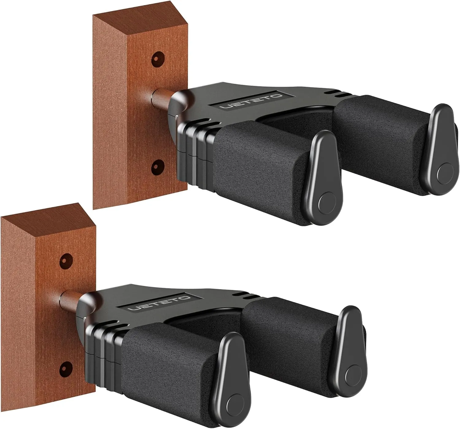 Hard Wood Base Guitar Hook Auto Locking for Acoustic, Classical, Electric, Bass Guitars, Ukuleles - 2 Pack