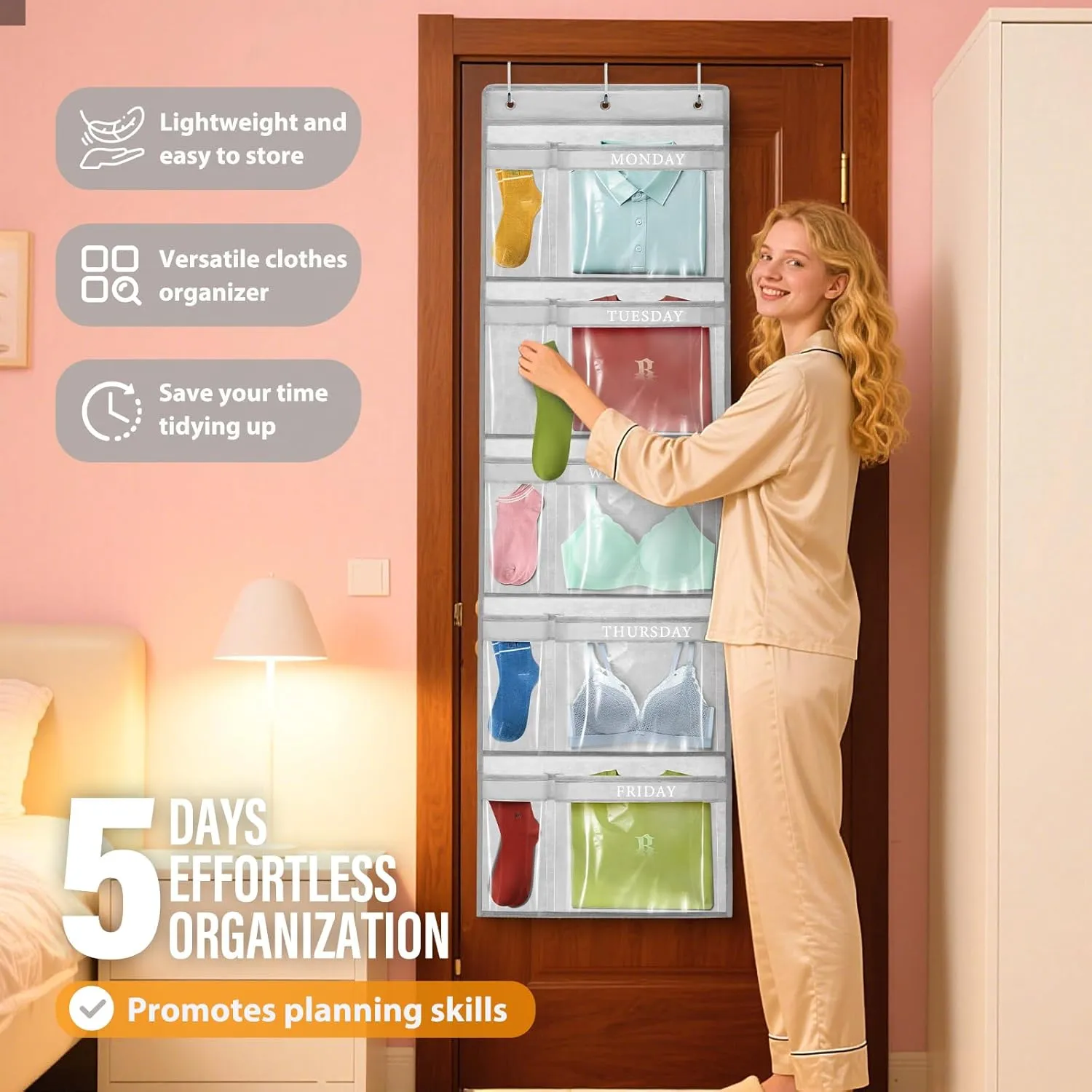 hatisan Weekly Kids Clothes Organizer, Day of Week Kids Clothes Organizer with Labels for Monday to Friday, Hanging Closet Shelves for Home,Dorm,Bedroom(2pcs,Grey)