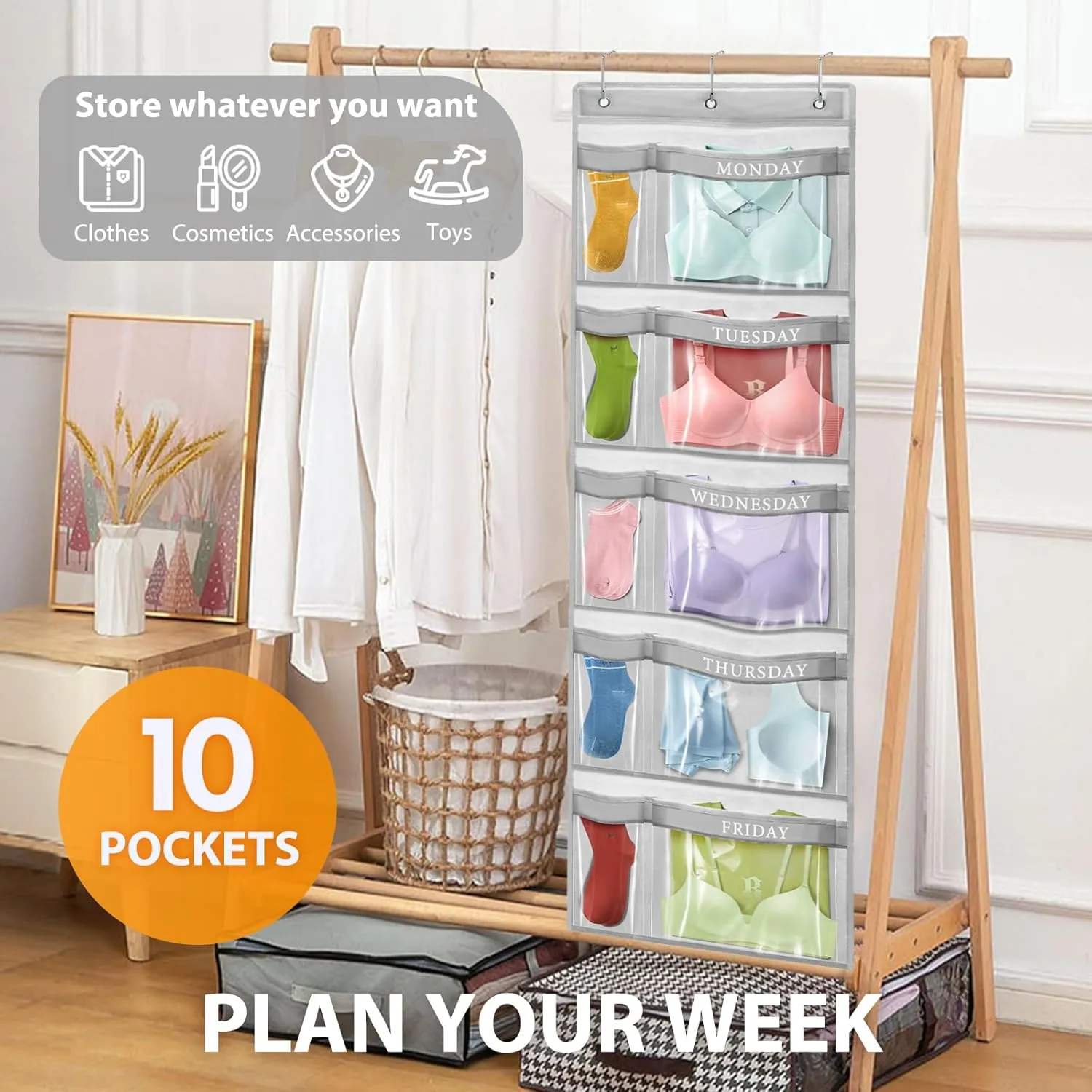 hatisan Weekly Kids Clothes Organizer, Day of Week Kids Clothes Organizer with Labels for Monday to Friday, Hanging Closet Shelves for Home,Dorm,Bedroom(2pcs,Grey)