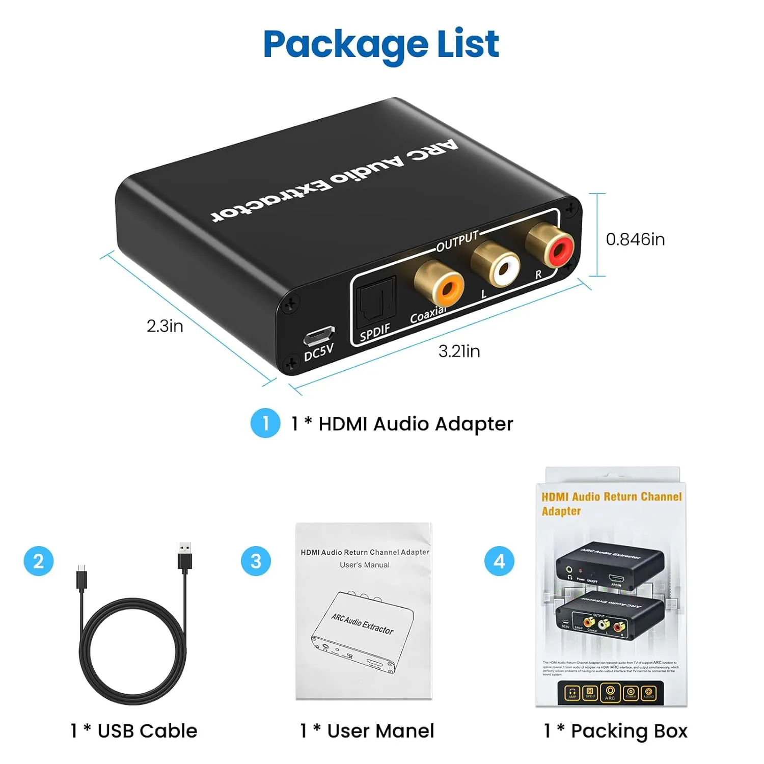 HDMI ARC Adapter, ARC Audio Extractor with Digital Optical TOSLINK SPDIF/Coaxial and Analog 3.5mm L/R Stereo HDMI ARC to RCA Audio Converter Compatible with HDTV Soundbar Amplifier