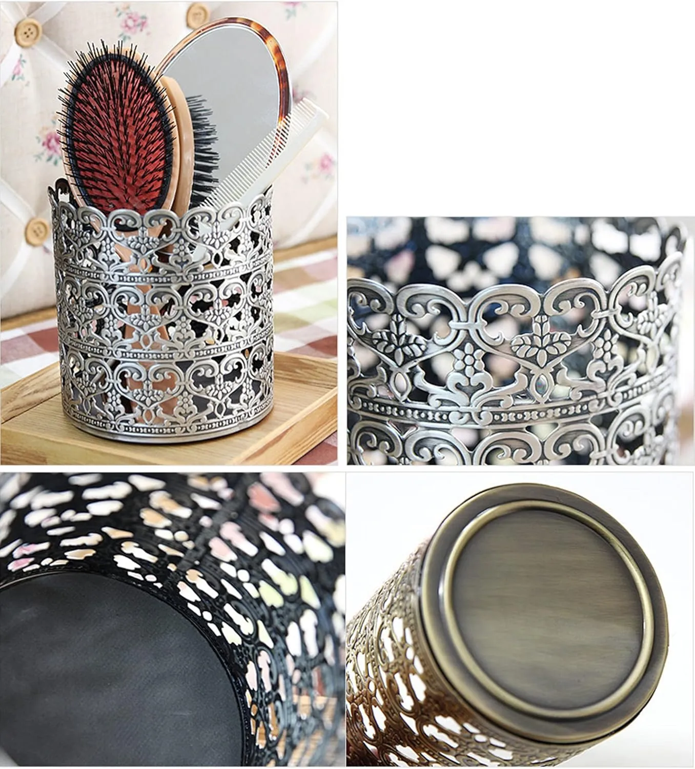 Heart Patterned Vintage Hairbrush Holder Antique Make up Brush Holder Makeup Vanity Organizer (Tin (Matt Gray), Large)