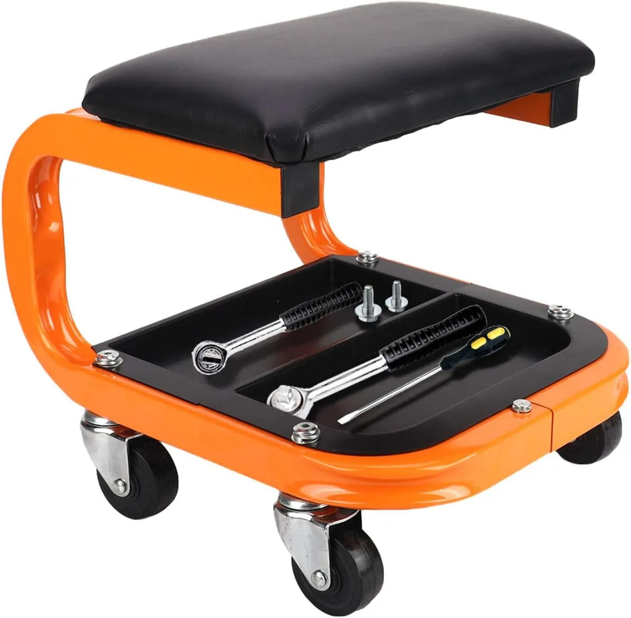 Heavy Duty Rolling Creeper Garage Shop Seat Rolling Garage Stool Big Padded Mechanic Seat Mechanics Stool with Segmented Tool Tray Storage and 4 Rubber Swivel Casters - 400 lbs Capacity