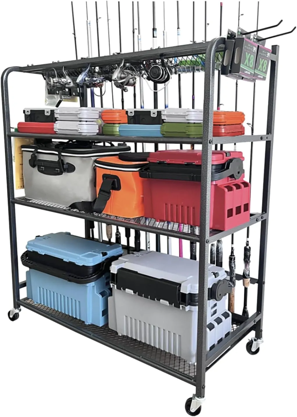 Heavy Duty Steel Fishing Rod Holder, Fishing Gear Storage up to 15 Rods with Hooks and Wheels, Fishing Equipment Organizers, Fishing Cart for Fishing Rod Tackle Box Reel Storage