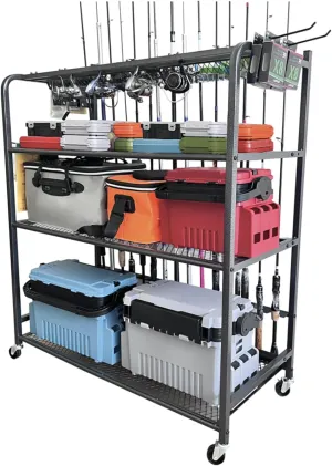 Heavy Duty Steel Fishing Rod Holder, Fishing Gear Storage up to 15 Rods with Hooks and Wheels, Fishing Equipment Organizers, Fishing Cart for Fishing Rod Tackle Box Reel Storage