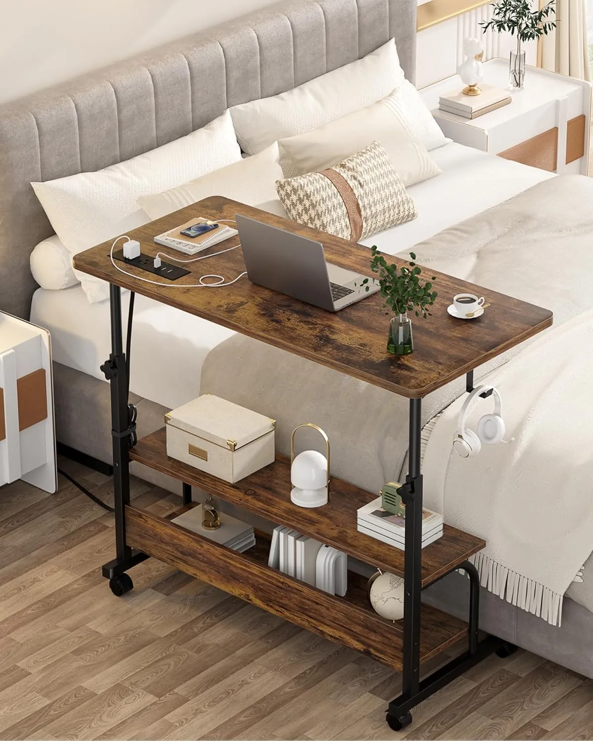 Height Adjustable Standing Desk with Power Outlets, 32" Manual Stand Up Desk with Storage Shelves Small Mobile Rolling Computer Desk Portable Laptop Table with Wheels for Home Office, Rustic