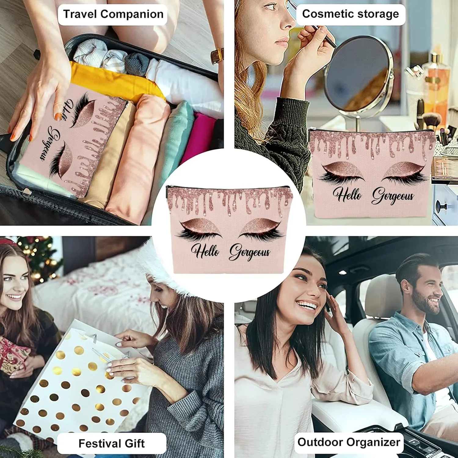 Hello Gorgeous Funny Makeup Bag Gift for Women Inspirational Cosmetics Pouch for Purse Travel Bag Cases for Toiletries Accessories Organizer