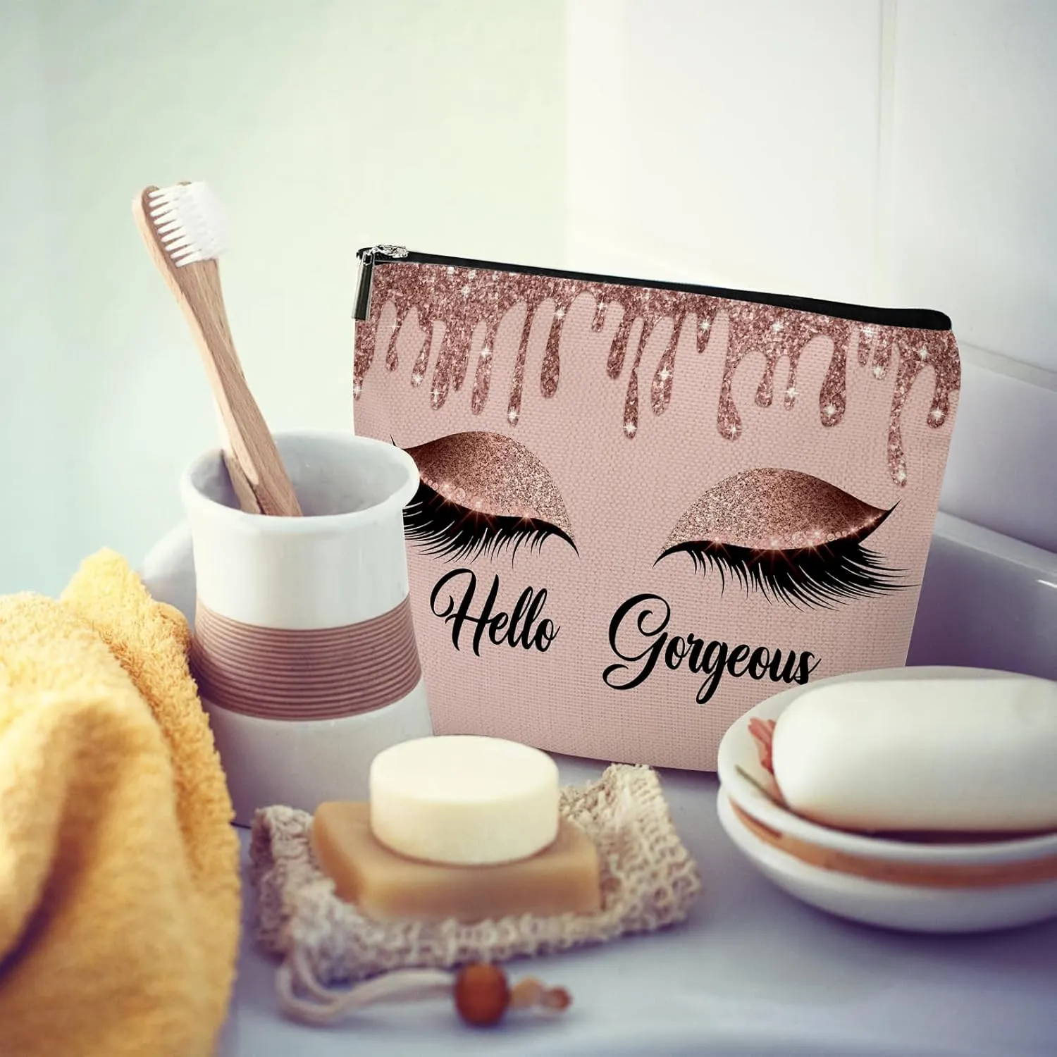 Hello Gorgeous Funny Makeup Bag Gift for Women Inspirational Cosmetics Pouch for Purse Travel Bag Cases for Toiletries Accessories Organizer