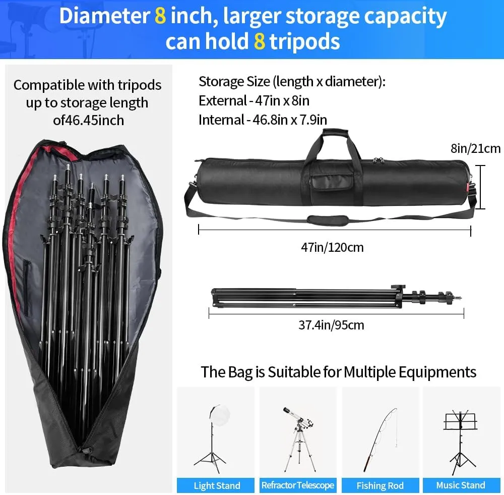 HEMMOTOP Tripod Bag, 47x8.3x8.3 in All Thick Padded Tripod Carrying Case with Shoulder Straps and Handles, Heavy Duty Light Stand Bag with Two Zippered Pockets for Pool Cue, Speaker Stand
