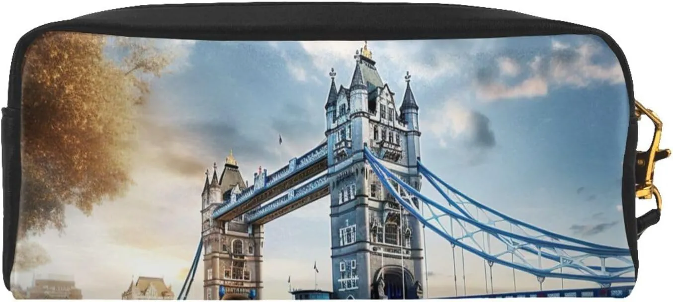 Historic Old Tower Bridge London Leather Portable Cosmetic Bag Makeup Bag Cute Toiletry Pouch For Women Travel Essentials