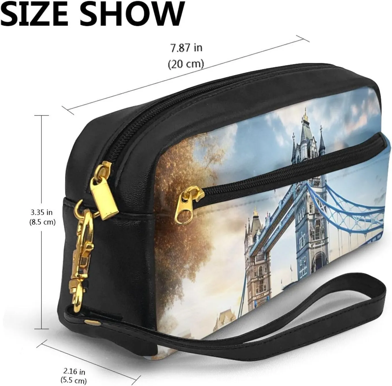 Historic Old Tower Bridge London Leather Portable Cosmetic Bag Makeup Bag Cute Toiletry Pouch For Women Travel Essentials
