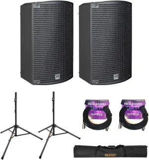 HK AUDIO Sonar 110 Xi 2-Way 800W 10" Powered Speaker (Pair) Bundle with 2X XLR-P20T Pro 20' XLR Microphone Cable and SS-47S-PB Deluxe Height-Adjustable Steel Speaker Stands and Carrying Case