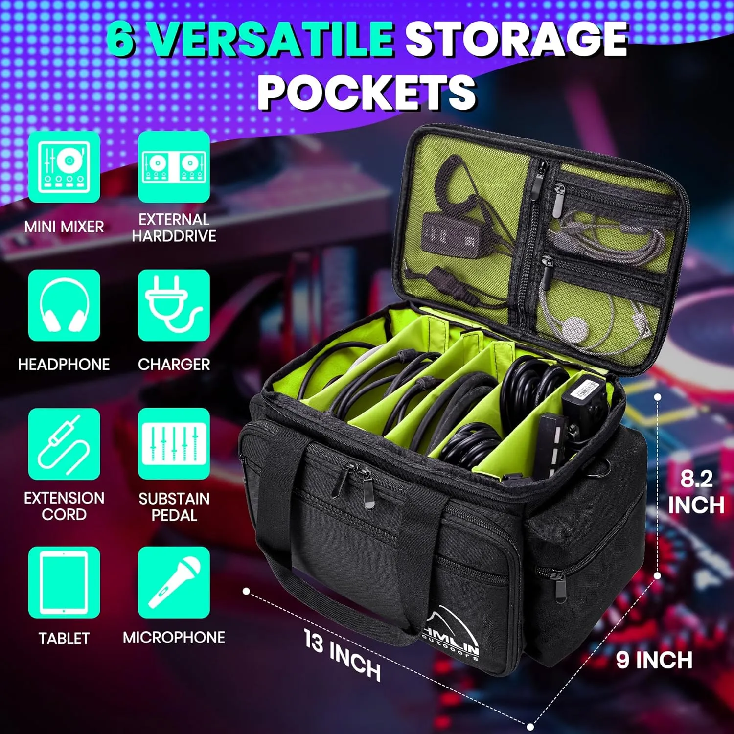 HMLIN DJ Case, DJ Cable File Bag with Detachable Padded Bottom and Dividers, Travel Music Bag for Professional DJ Gear, Sound Equipment and Accessories Green 2024