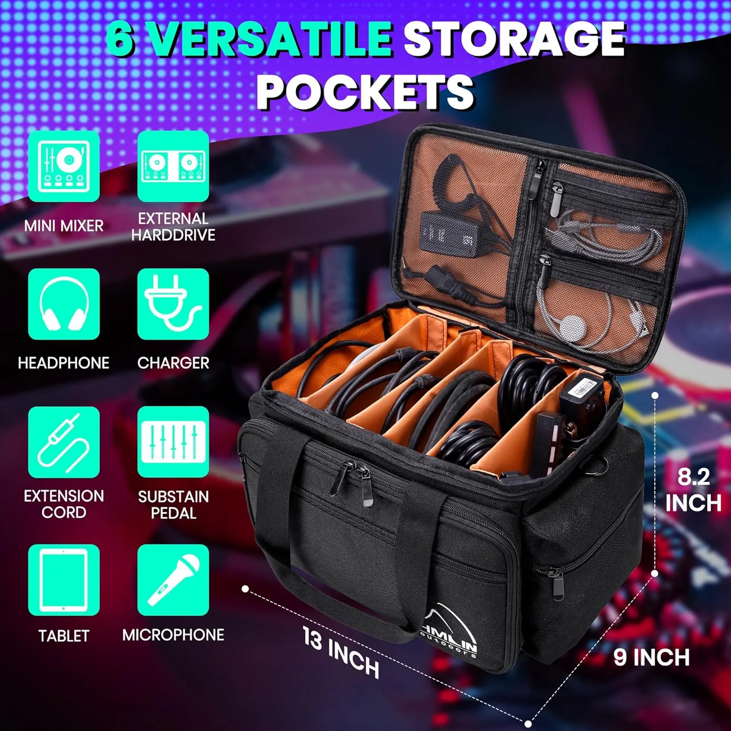 HMLIN DJ Gig Bag, DJ Cable File Bag with Detachable Padded Bottom and Dividers, Travel Music Bag for Professional DJ Gear, Sound Equipment Accessories Orange 2024