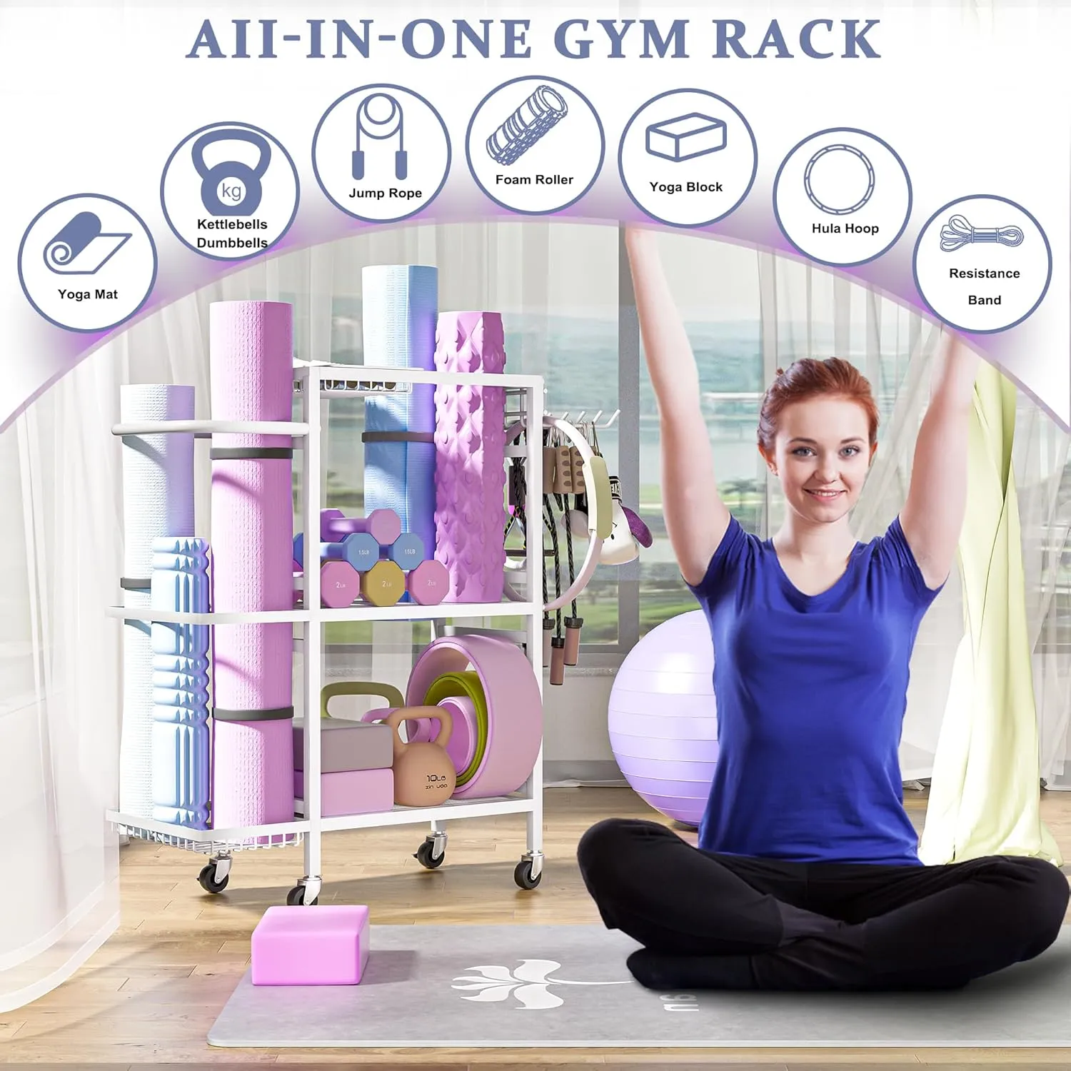 Home Gym Storage Rack, 3 Tier Yoga Mat Storage Rack with Wheel for Yoga Lover, Exercise Equipment and Workout Equipment Organizer, Yoga Mat Holder for Yoga Mats, Foam Roller and Dumbbells