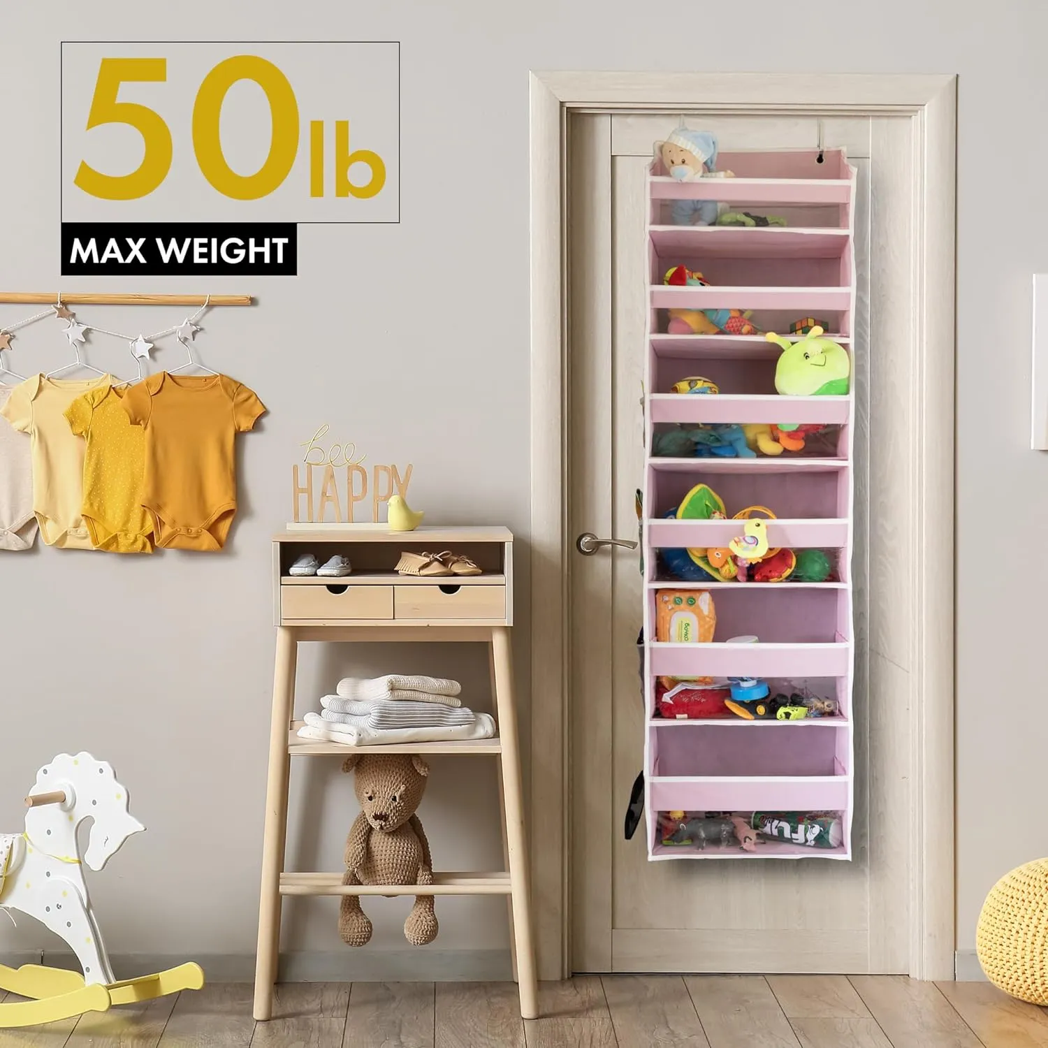 HOMELUX THEORY 2 PC Heavy Duty Over the Door Organizer 55x14x6.7, 6 Large Front & 12 Side Pockets, Hanging Storage Closet Door Organizer for Bedroom, Bathroom and Baby Nursery Storage (Baby Pink)