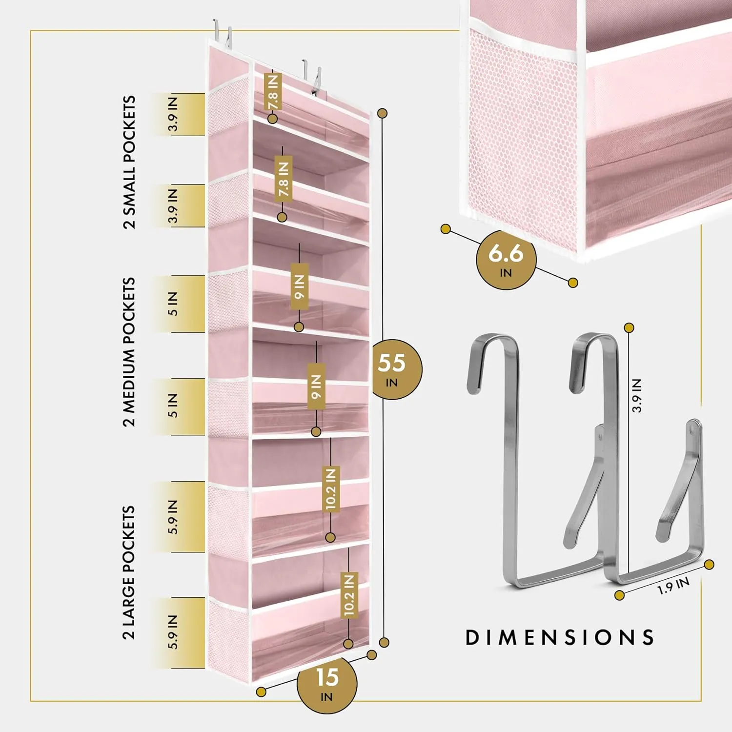 HOMELUX THEORY 2 PC Heavy Duty Over the Door Organizer 55x14x6.7, 6 Large Front & 12 Side Pockets, Hanging Storage Closet Door Organizer for Bedroom, Bathroom and Baby Nursery Storage (Baby Pink)
