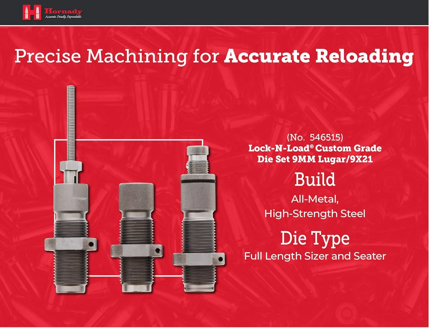 Hornady Custom Grade New Dimension 3-Die Set - Caliber Specific Reloading Equipment for Handloaders with Full Length Sizer Die, Seating Die, Sure-Loc Rings, & Storage Box
