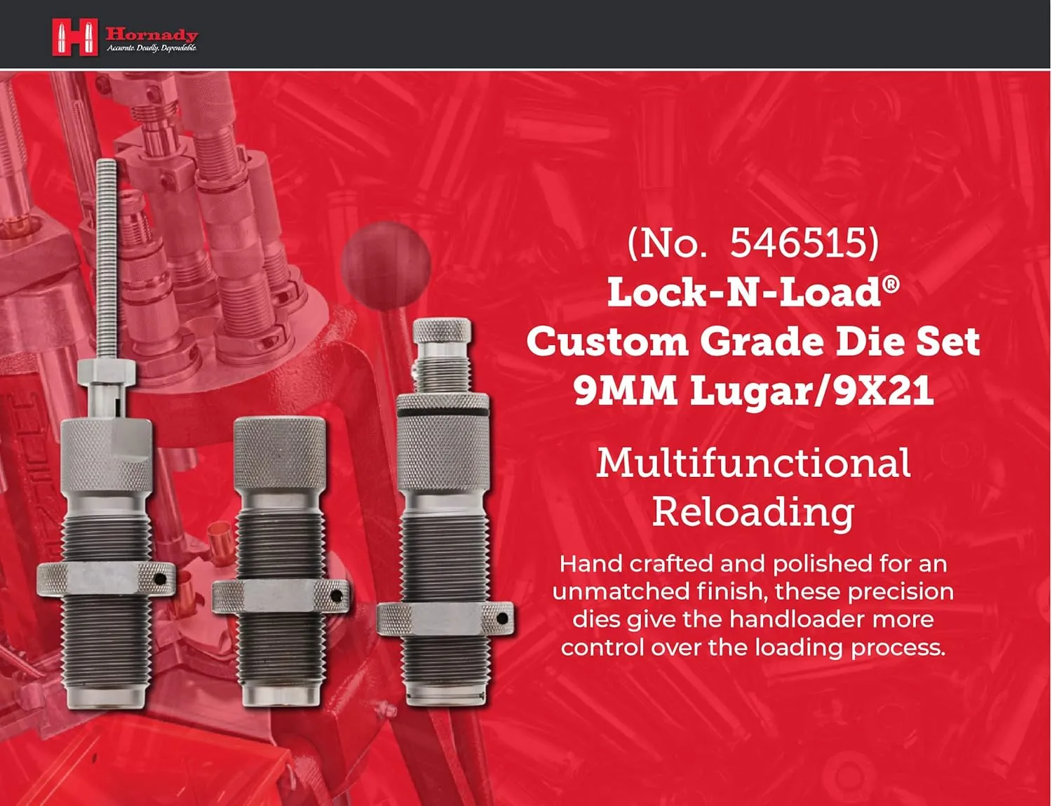 Hornady Custom Grade New Dimension 3-Die Set - Caliber Specific Reloading Equipment for Handloaders with Full Length Sizer Die, Seating Die, Sure-Loc Rings, & Storage Box