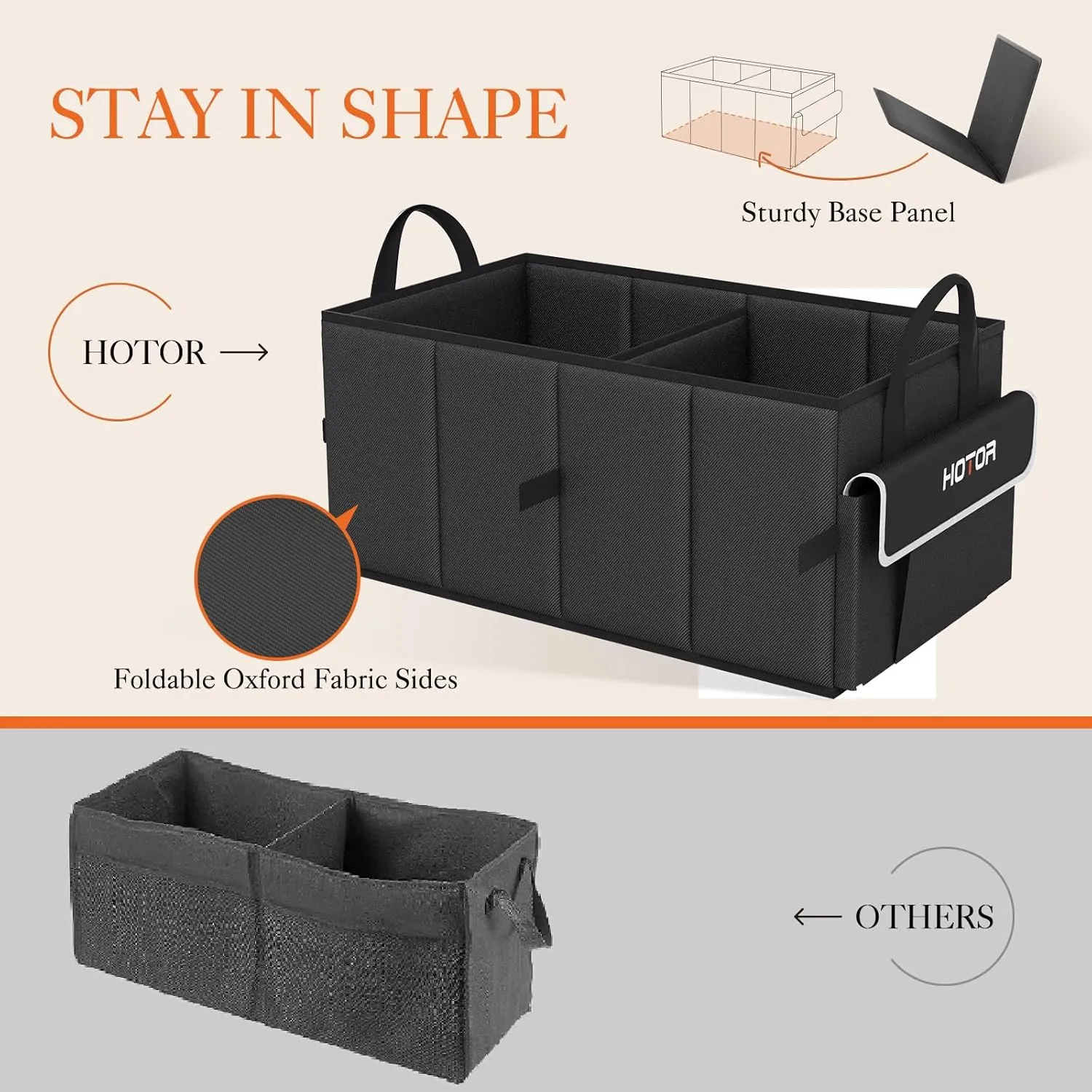 HOTOR Trunk Organizer - Car Organizer with 5 Pockets, Trunk organizer for SUV, Sedan & Van, Car Organization with Sturdy Base Panel for Car Accessories, Black, 2 Compartments, 21.3"×12.6"×10.6"