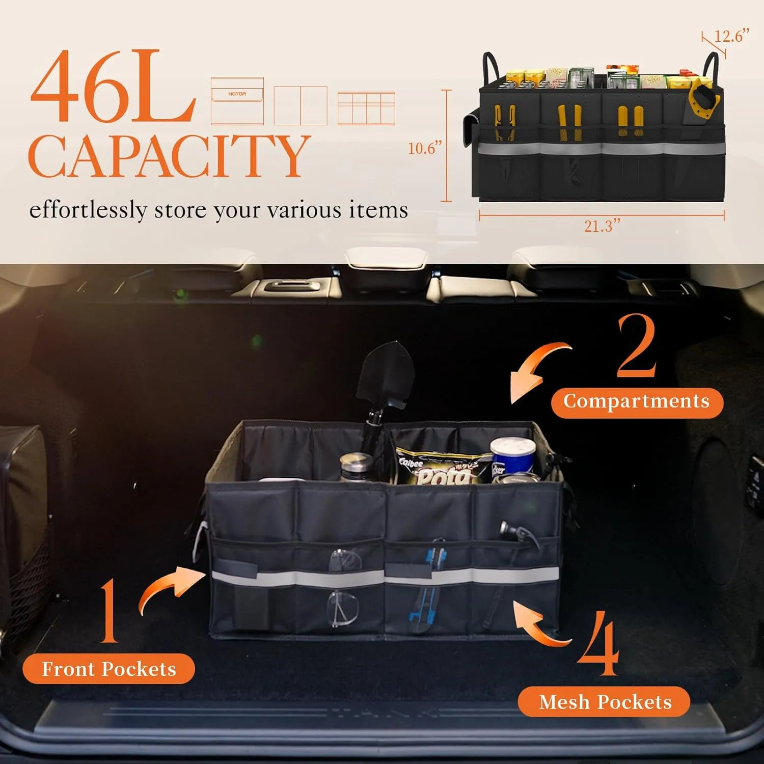 HOTOR Trunk Organizer - Car Organizer with 5 Pockets, Trunk organizer for SUV, Sedan & Van, Car Organization with Sturdy Base Panel for Car Accessories, Black, 2 Compartments, 21.3"×12.6"×10.6"