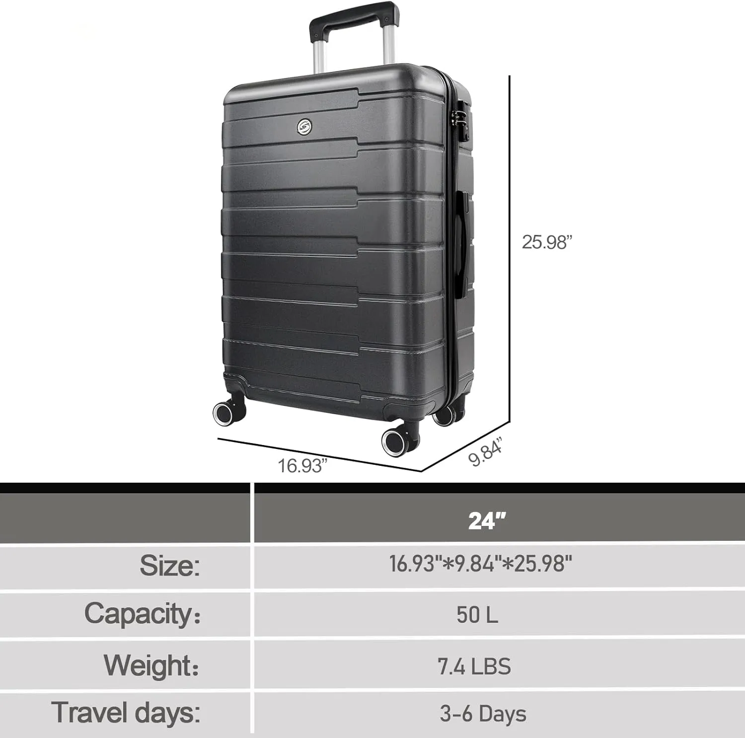 HOUAGI 24" Checked Medium Luggage,Hard Shell Suitcase with Spinner Wheels,Lightweight Travel Luggage Suitcases with TSA Lock for Women Men,Black